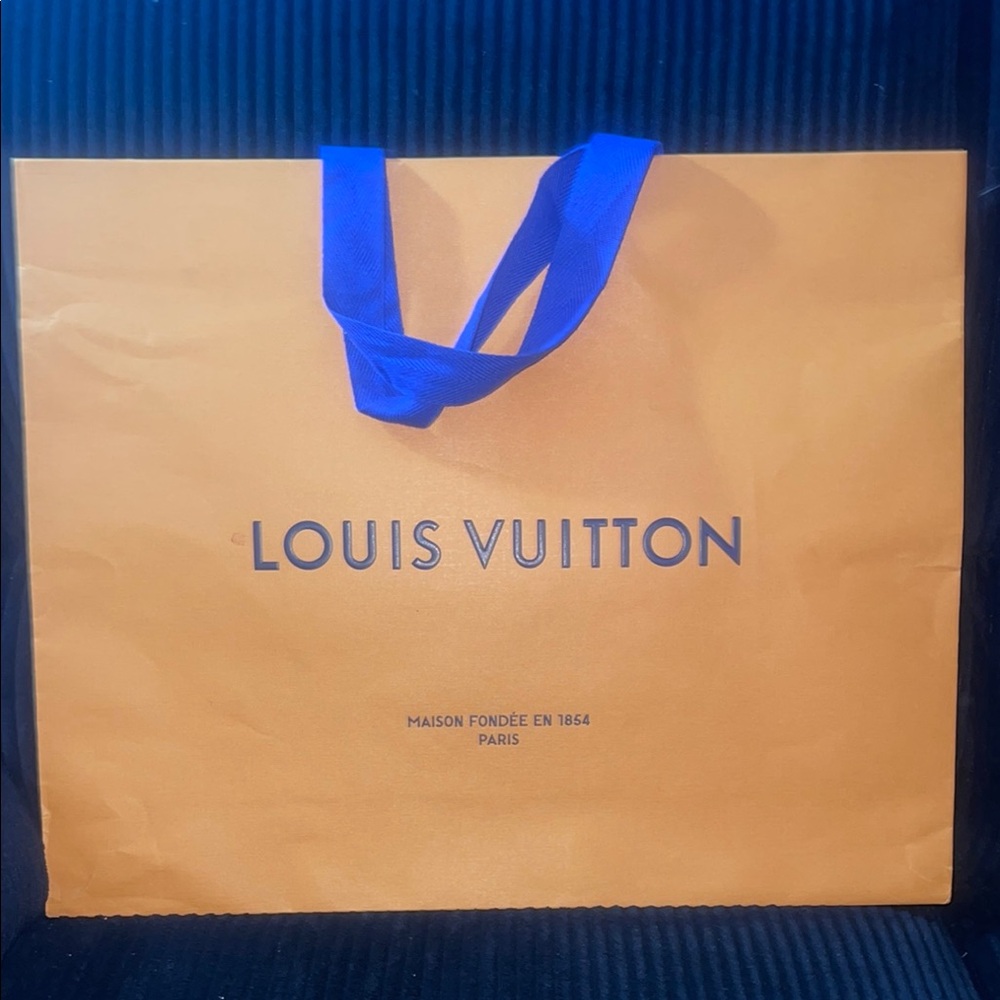 Authentic Louis Vuitton Orange Shopping Bag with Blue Handles